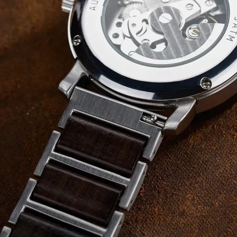 Montre Squelette Homme Acier et Bois Mécanique - vue 4 - Montrelio