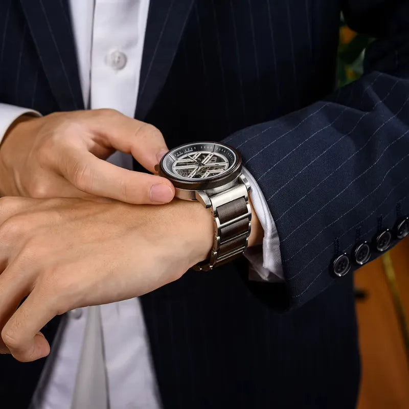 Montre Squelette Homme Acier et Bois Mécanique - vue 6 - Montrelio