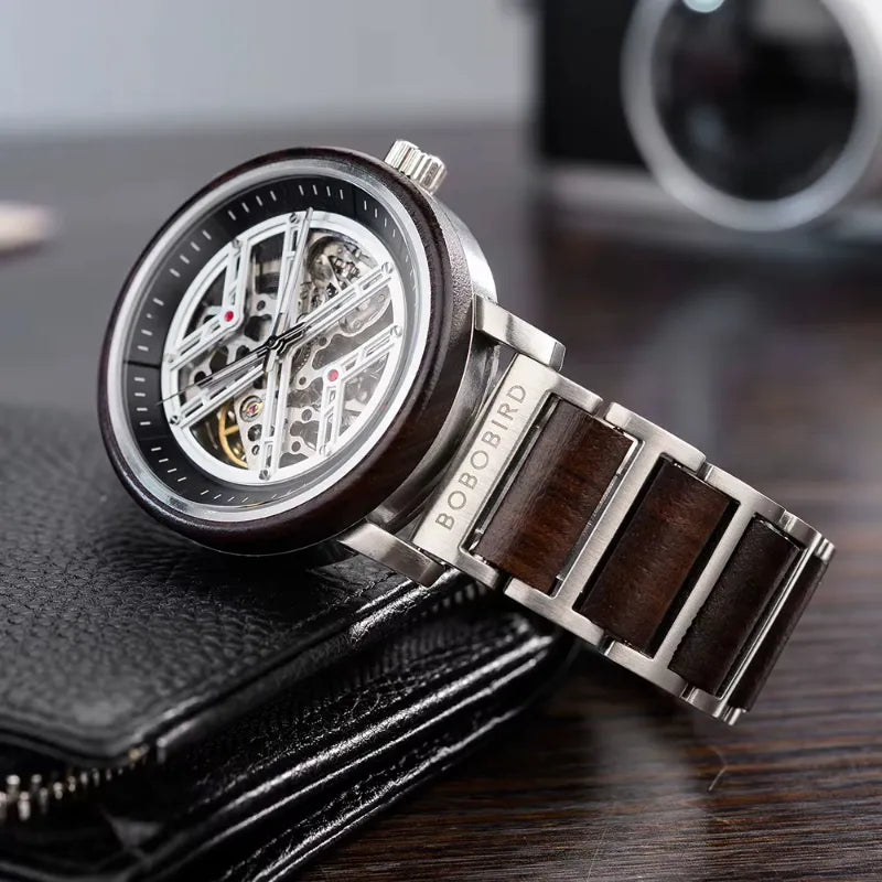 Montre Squelette Homme Acier et Bois Mécanique - vue 7 - Montrelio