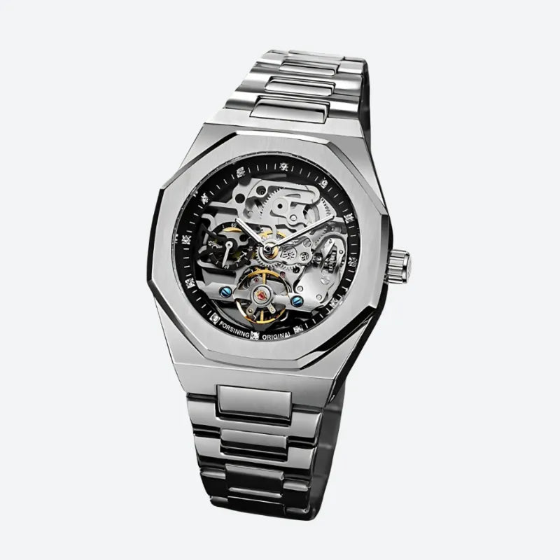 Montre squelette homme acier brossé contemporain, vue de face