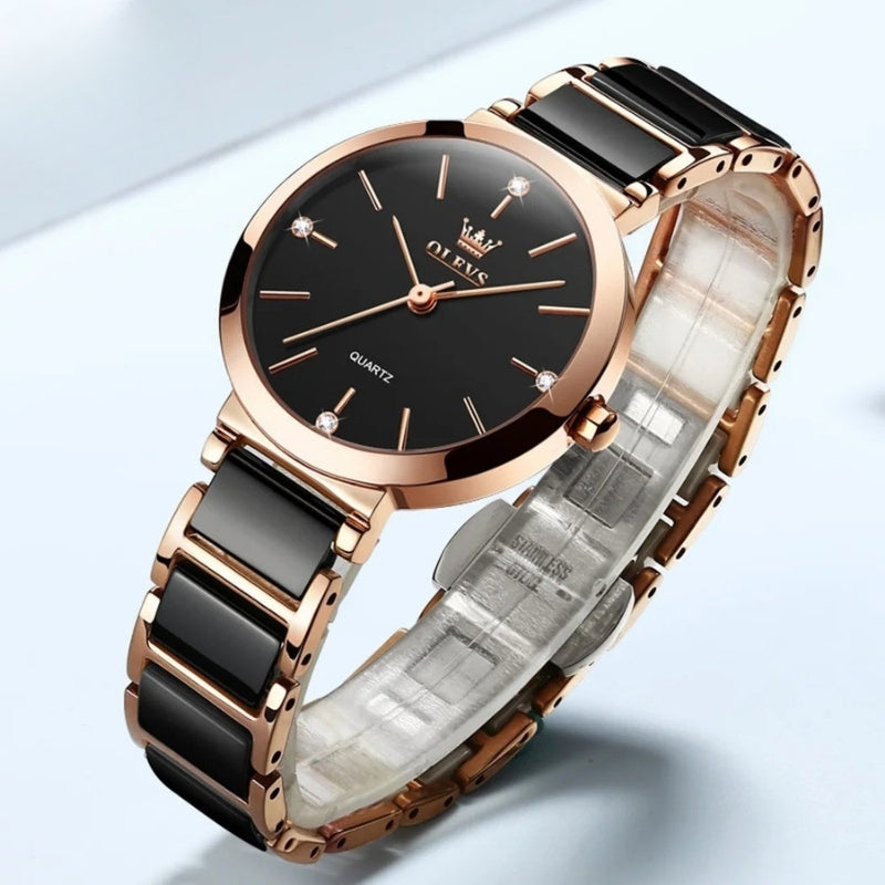 Montre Vintage Femme Ronde Or Rose Céramique - vue 4 - Montrelio