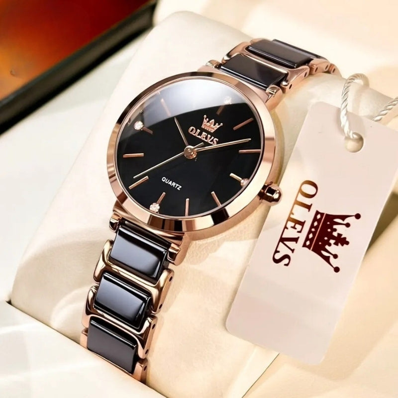 Montre Vintage Femme Ronde Or Rose Céramique - vue 8 - Montrelio