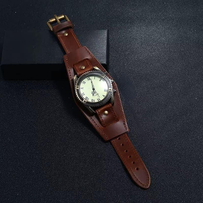 Montre Vintage Homme Cuir Quartz Cadran Romain - vue 5 - Montrelio